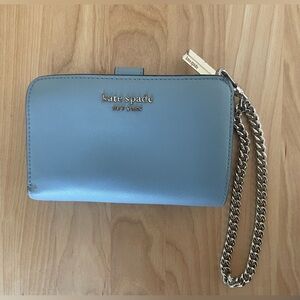 Kate Spade Light Blue Bifold Wallet with Wristlet Chain Pockets and Zipper